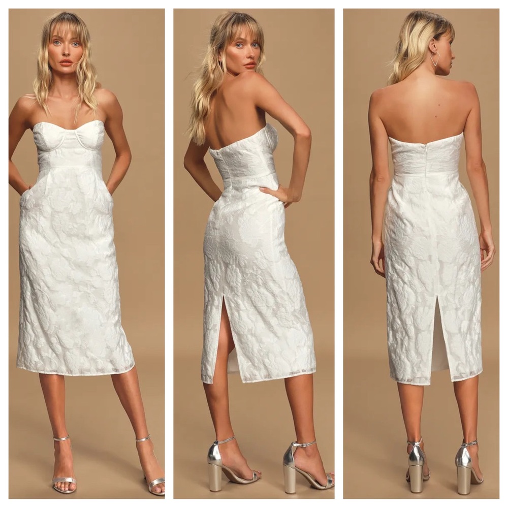 LULU’S NWT From this Day White Floral Jacquard Strapless Midi Dress